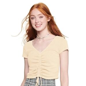Yellow Crop Top V Neck Short Sleeve By Zengjo